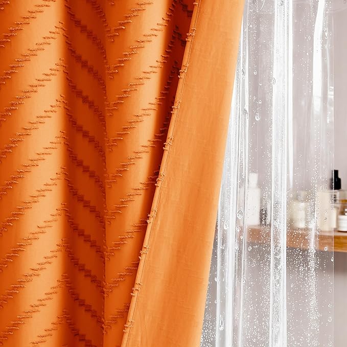 Dynamene Extra Long Shower Curtain and Liner Set - 96 inch Tall Boho Shower Curtain and Waterproof Clear Liner, Tufted Chevron Striped Tassel Shower Curtains for Bathroom, 12 Hooks, 72x96, Orange