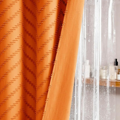 Dynamene Extra Long Shower Curtain and Liner Set - 96 inch Tall Boho Shower Curtain and Waterproof Clear Liner, Tufted Chevron Striped Tassel Shower Curtains for Bathroom, 12 Hooks, 72x96, Orange