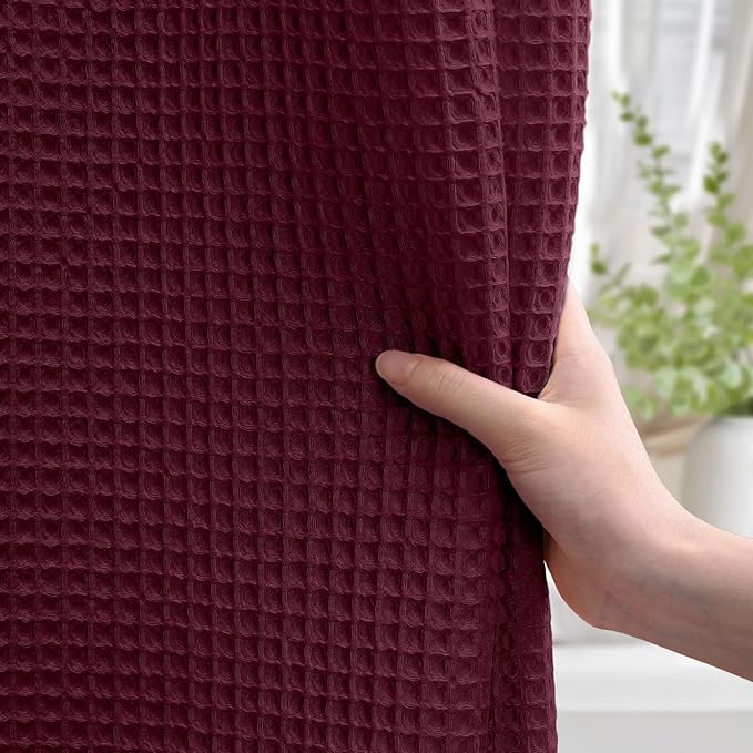Waffle Weave Shower Curtain - Burgundy Cotton Fabric Texture Heavyweight Shower Curtains for Bathroom,Washable,72Wx72L