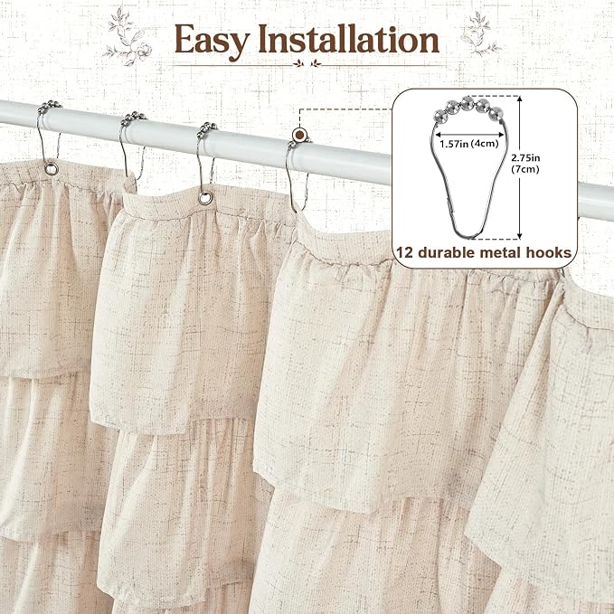 Extra Long Farmhouse Shower Curtains for Bathroom with Ruffle, 72"Wx84"L | Ruffle Design, Vintage Rustic Boho, Washable Waterproof Shower Curtain for Bathroom Bathtub, 12 Metal Hooks