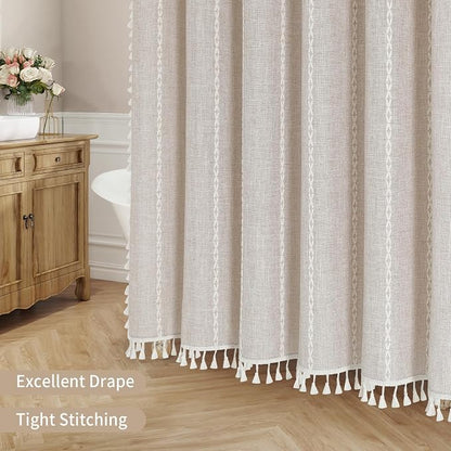 Boho Farmhouse Tassel Linen Shower Curtain,3D Embroidery Stripe Taupe,36x72 | Small Stall Half Size,310GSM Linen Texture Heavy Duty Cloth,Water Repellent,Wrinkle Resistant,Vintage Farmhouse Rustic