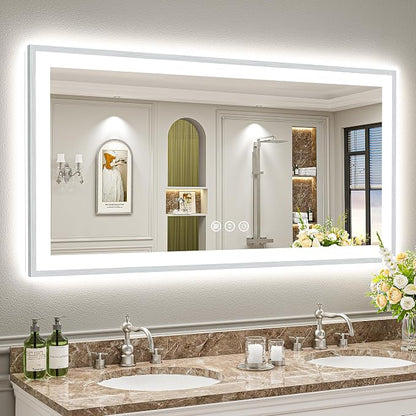 55x30 Inch Brushed Nickel LED Bathroom Mirror, Backlit & Front Lit | Silver Framed Anti-Fog Lighted Vanity Mirror with Lights, 3 Color Dimmable, Memory, HD Tempered Glass, CRI95, IP54, UL Listed