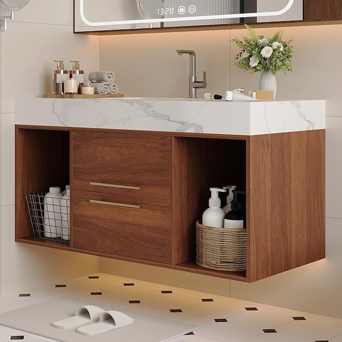 40" Bathroom Vanity with Sink Set, Modern Wall Mounted Bathroom Vanity Cabinet with Sintered Stone Top&Gold Handle 2 Drawers&2 Open Storage, Single Sink Floating Bathroom Vanities,Walnut