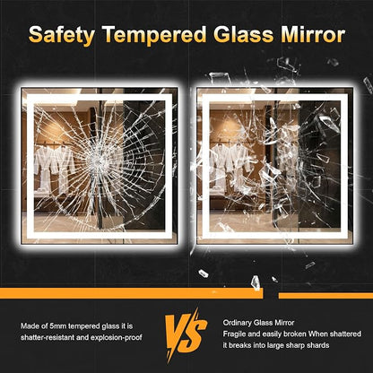 LED Bathroom Mirror with Light, 30x30 Vanity Mirror for Wall with Frame | Anti-Fog, Dimmable 3 Colors, Memory Function, Backlit and Front Lit, Shatter-Proof Glass, Plug-in/Hardwired