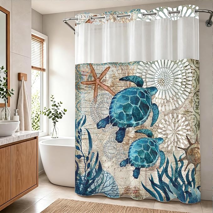 Green and Teal Sea Turtles Theme No Hook Waffle Weave Shower Curtain with Snap in Liner Nautical Beach Bathroom Blue Ocean Decor Set 72 W x 81 H Inch Teal