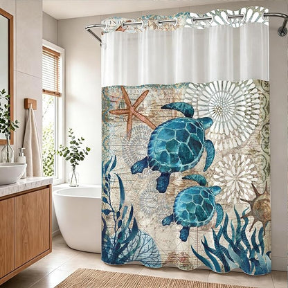Green and Teal Sea Turtles Theme No Hook Waffle Weave Shower Curtain with Snap in Liner Nautical Beach Bathroom Blue Ocean Decor Set 72 W x 81 H Inch Teal