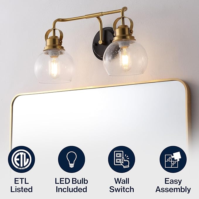 JONATHAN Y 17.5" Brass Gold/Oil Rubbed Bronze Shirley 2-Light Bathroom Vanity Light, Metal Wall Sconce, Clear Seeded Glass Shade, Modern Transitional Farmhouse Fixture, LED Bulbs Included (JYL7404B)