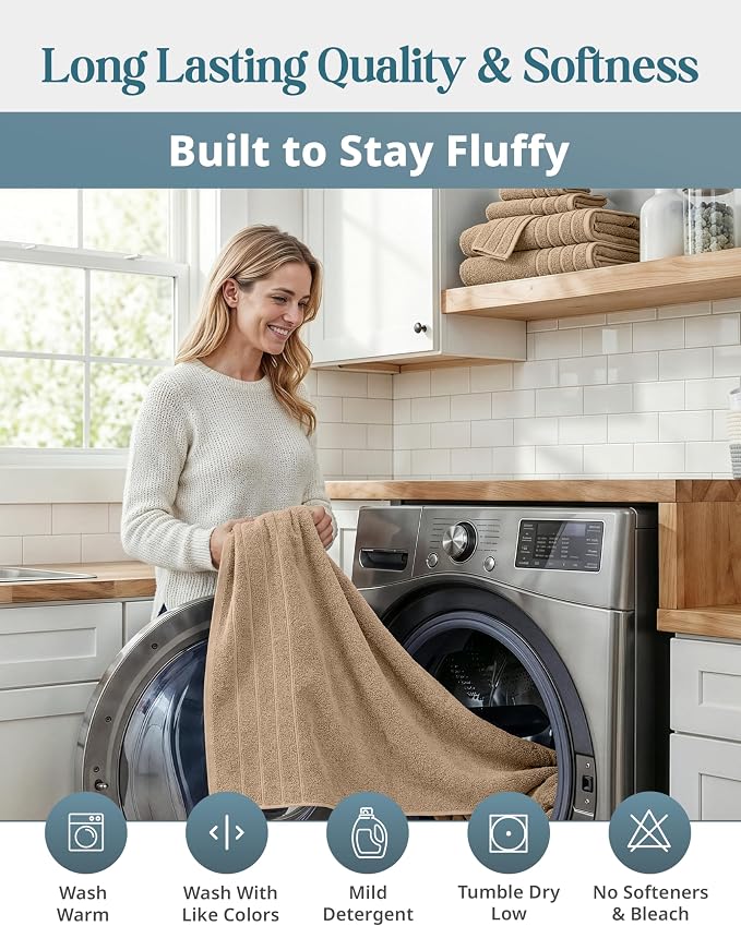 Casa Platino Bath Towel Set Quick Dry 100% Cotton 12 Piece Soft - Beige | Cotton Towels - Classic Terry Weave, Densely Woven, Coordinated Colors, Dobby Border Accent, OEKO-TEX Certified