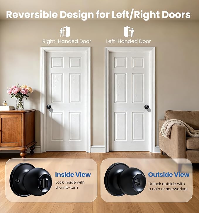 Veise Privacy Interior Door Knobs for Bedroom & Bathroom, Matte Black | ANSI Grade 3, Keyless, Easy Installation, Thumb Lock Emergency Release, Rust & Fingerprint-proof, Reversible,Classic