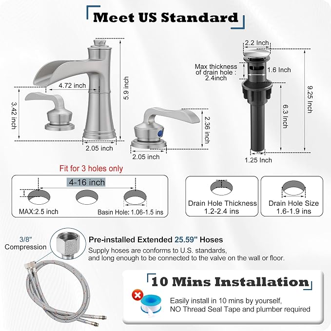 Widespread Bathroom Faucet, 4-16 Inch Brushed Nickel Waterfall Bathroom Faucets Solid Brass Sink Faucet Bathroom Vanity Faucets 3 Hole 2 Handle with Supply Water Hoses Pop-up Drain