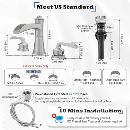 Widespread Bathroom Faucet, 4-16 Inch Brushed Nickel Waterfall Bathroom Faucets Solid Brass Sink Faucet Bathroom Vanity Faucets 3 Hole 2 Handle with Supply Water Hoses Pop-up Drain