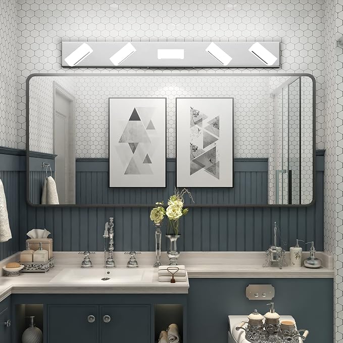 Aipsun Modern Chrome Bathroom Vanity Light LED Vanity Light Fixtures for Bathroom Stainless Steel 5 Light Bath Wall Lighting 6000K