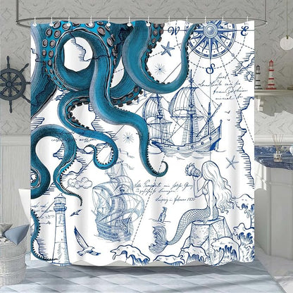 Fungarth Long Blue Nautical Octopus Shower Curtain Navy Mermaid Funny Ocean Kraken Shower Curtains for Bathroom Cool Anchor Coastal Map Waterproof Fabric Bath Curtain with Hooks (Blue, 72” x 78”)