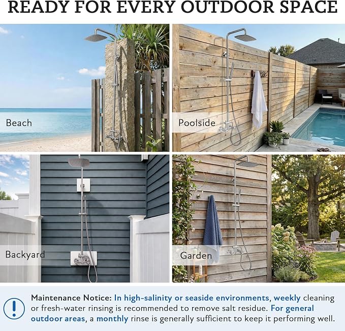 G‑Promise 316 Marine Grade Stainless Steel 10 Inches Outdoor Shower Kit | SUS 316 Stainless Steel, Built to Last, Easy Install, Height Adjustable, Wall Mounted, for Poolside, Backyard, Coastal Homes