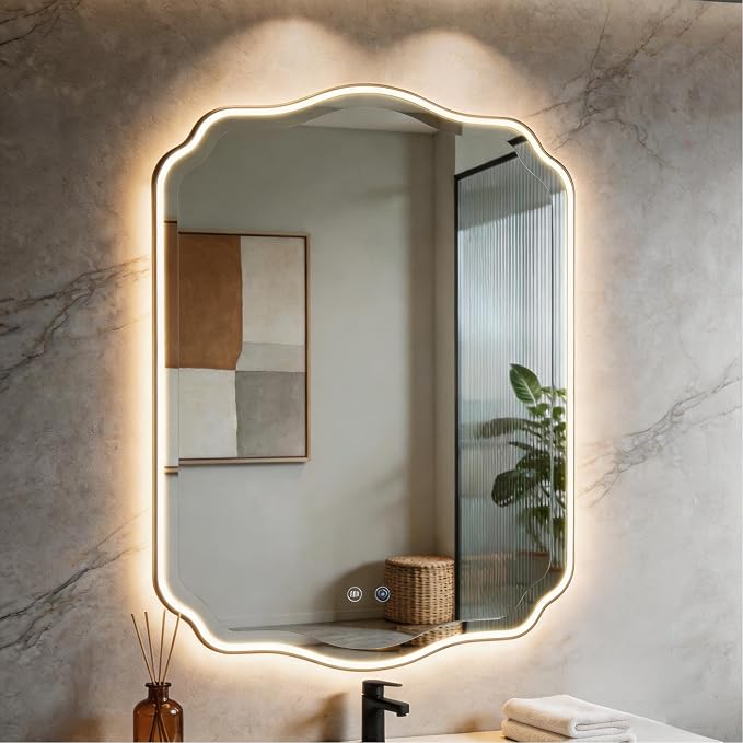 POZINO 30"x22" Scalloped LED Bathroom Mirror with Lights, Black Metal Frame | Beveled Edge, 3 Color Dimmable, Anti-Fog, Memory Function, IP65 Waterproof, Smart Bathroom Vanity Mirror with Front Lights