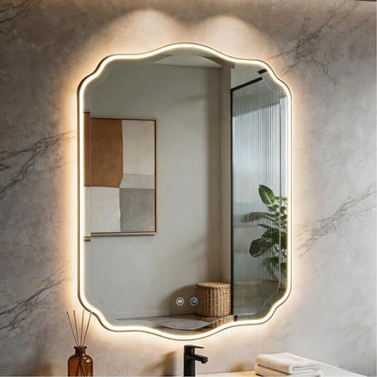 POZINO 30"x22" Scalloped LED Bathroom Mirror with Lights, Black Metal Frame | Beveled Edge, 3 Color Dimmable, Anti-Fog, Memory Function, IP65 Waterproof, Smart Bathroom Vanity Mirror with Front Lights