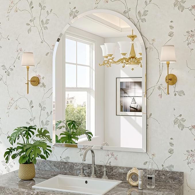 Frameless Bathroom Mirror, 22"x30" Beveled Arched Vanity Mirrors | Frameless, 15mm beveled edge, 5mm HD glass, shatterproof, anti-rust, french cleat, for bathroom/bedroom/entryway