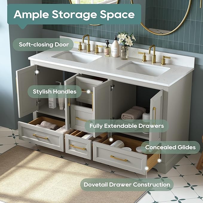 60 Inch Bathroom Vanity with Double Sink Combo, Solid Wood Frame with Mable Top &Backspalsh, Fully-Assembled with Soft-Closing Doors & 5 Drawers, Greige