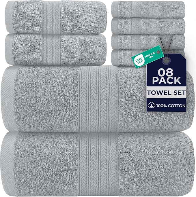 DAN RIVER 8 Piece Luxury Bath Towels for Bathroom, Towel Set, Silver | 2 Bath towels, 2 Hand towels, and 4 Wash Cloths, 600 GSM 100% Ring Spun Cotton, Highly Absorbent, Gym, Hotel, guest, and Spa