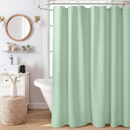 Extra Long Waffle Shower Curtain 256 GSM Fabric 72x96 Mint Green | 96 Inch Tall, Thick Cloth, Weighted Hem, Water Repellent, Hotel Luxury Polyester Shower Curtain Set for Bathroom 12 Hooks