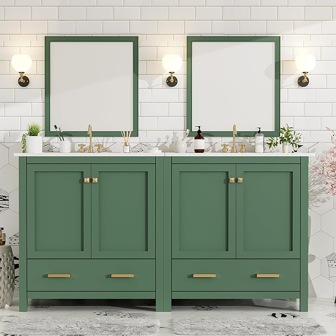 LUMISOL 60" Bathroom Vanity with Double Sink, Solid Wood Bathroom Sink Cabinet with Divided Drawers, Storage Racks & Cabinets, Separate 2 Bathroom Vanities with Double Ceramic Sinks, Green