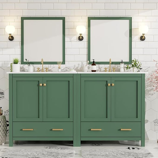 LUMISOL 60" Bathroom Vanity with Double Sink, Solid Wood Bathroom Sink Cabinet with Divided Drawers, Storage Racks & Cabinets, Separate 2 Bathroom Vanities with Double Ceramic Sinks, Green