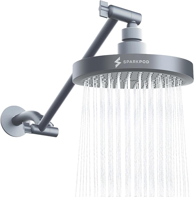 SparkPod 6" Round Rain Shower Head with 11" Shower Arm | Shower Head & Extension Arm Combo, Height Adjustable, High Pressure Performance, Easy 1-Minute Installation, Charcoal Grey