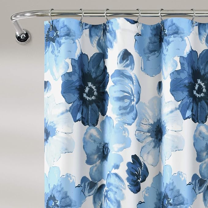 Lush Decor Leah Floral Shower Curtain, 72" W x 72" L, Navy & White - Fabric Shower Curtains - Watercolor Botanical Bathroom Curtain - Farmhouse & French Country Decor