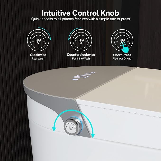 One Piece Smart Bidet Toilet, Wash & Dry, Heated Seat, White Gray | Off Seat Auto Flush, Foot Sensor Flush, Instant Warm Water, Adjustable Wash, Self Cleaning Wand, Pre Wet, Night Light