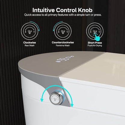 One Piece Smart Bidet Toilet, Wash & Dry, Heated Seat, White Gray | Off Seat Auto Flush, Foot Sensor Flush, Instant Warm Water, Adjustable Wash, Self Cleaning Wand, Pre Wet, Night Light