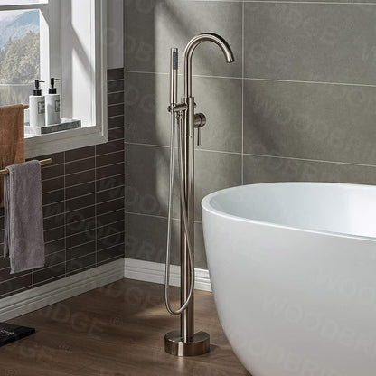 Woodbridge F0001BNRD Contemporary Single Handle Floor Mount Freestanding Tub Filler Faucet with Hand Shower in Brushed Nickel Finish