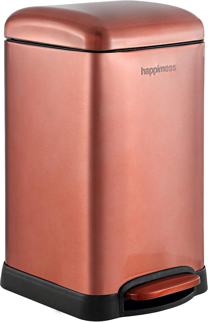happimess Betty Retro Mini 3.2 Gal Step Trash Can, Rose Gold | Soft-Close Lid, Fingerprint Proof, Removable Liner, Stainless Steel, Hands-Free Pedal