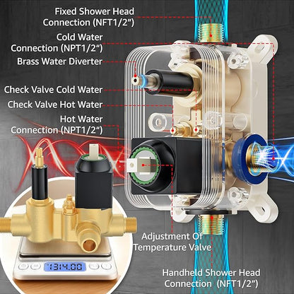 Shower System Modern Rain 8 inches Brass Faucet Set With Valve and Diverter Shower Mixer With Handheld High Pressure Square Rainfall Shower Valve (8'' Wall Mount, Matte Black)