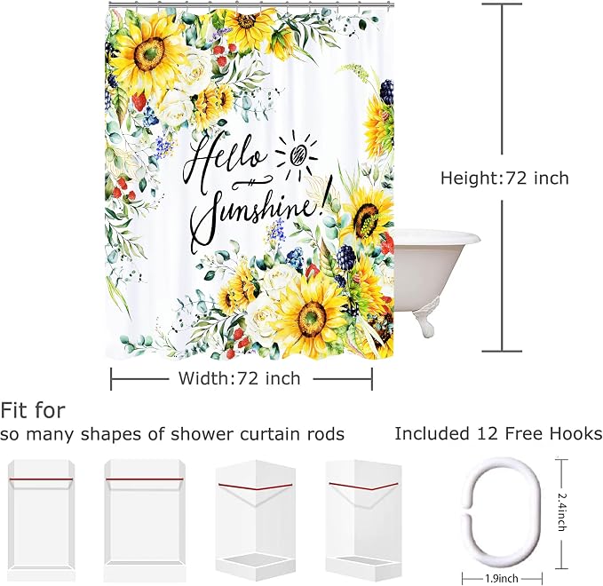Hello Sunshine Shower Curtain Summer Sunflower Shower Curtain Set for Bathroom Decor Waterproof Machine Washable Shower Curtains with 12 Hooks, 72x72 Inch