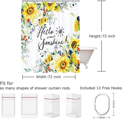 Hello Sunshine Shower Curtain Summer Sunflower Shower Curtain Set for Bathroom Decor Waterproof Machine Washable Shower Curtains with 12 Hooks, 72x72 Inch