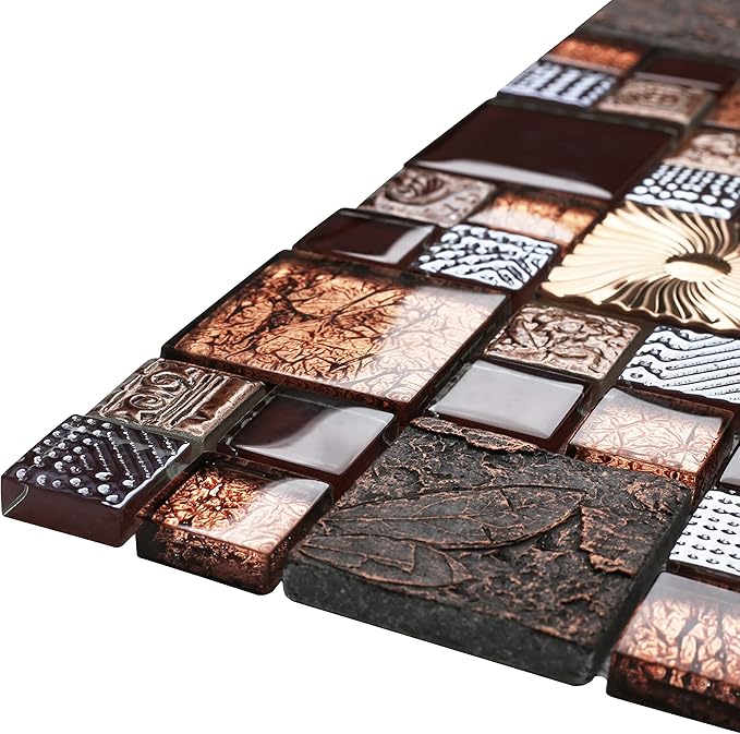 Red Wine Colors Glass Tile 2'' x 2'' Leaf Carving Imprints Antique Mosaics Textured Rose Gold Metal Kitchen Bathroom Walls Backsplash Tiles (Pack of 5 Square Feet)