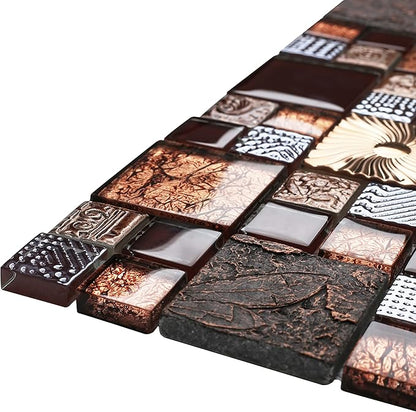 Red Wine Colors Glass Tile 2'' x 2'' Leaf Carving Imprints Antique Mosaics Textured Rose Gold Metal Kitchen Bathroom Walls Backsplash Tiles (Pack of 5 Square Feet)