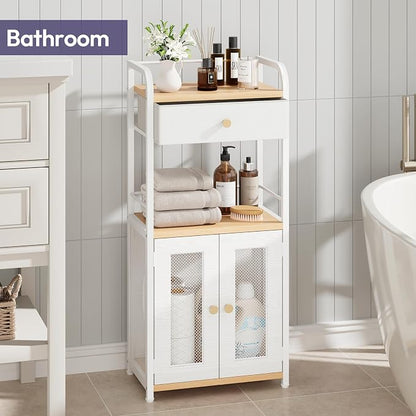 SWTYMIKI 14.57"x32.28" Bathroom Storage Cabinet – Freestanding Storage Cabinet with Doors and Drawer, Bathroom Organizers and Storage for Small Spaces – Ideal for Towels and Toiletries, Natural