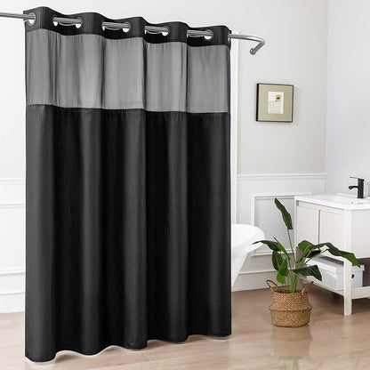 No Hook Black Shower Curtain with Snap-in Fabric Liner 71x74 | Embossed Waffle-Look Textured, Sheer Window, Soft & Lightweight, Water Repellent Fabric Shower Curtain for Bathroom