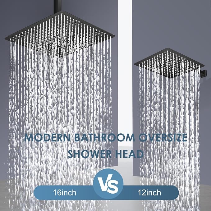 16 inch Matte Black Large Rain Shower Head - All Metal 304 Stainless Steel, Full Body Rainfall Shower with 324 Silicone Nozzles - Waterfall Bathroom Square Showerheads, Ceiling Mounted