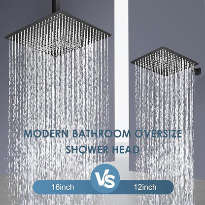 16 inch Matte Black Large Rain Shower Head - All Metal 304 Stainless Steel, Full Body Rainfall Shower with 324 Silicone Nozzles - Waterfall Bathroom Square Showerheads, Ceiling Mounted
