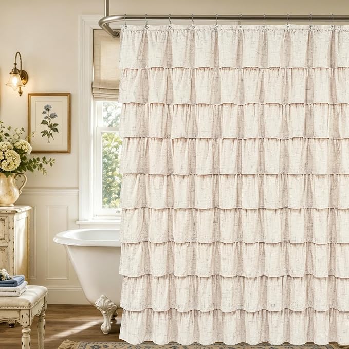 Extra Long Farmhouse Shower Curtains for Bathroom with Ruffle, 72"Wx90"L | Ruffle Design, Vintage Rustic Boho, Washable Waterproof Shower Curtain for Bathroom Bathtub, 12 Metal Hooks