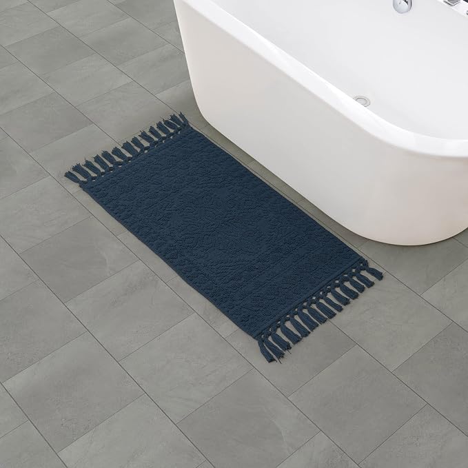 French Connection Nellore Bath Rugs, Woven and Beaded Bath Mats, Durable and Thick Bath Mats for Bathroom and Shower Rugs, 20" x 38", Navy