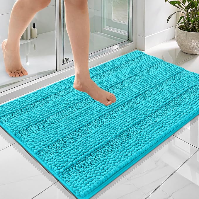 OLANLY Thick Bathroom Rugs 36x24, Soft Chenille Striped Bath Rugs, Aqua Sky | Rubber Backing, Machine Wash, Extra Absorbent Bath Mats for Bathroom Floor, Tub and Shower, Home Decor Accessories