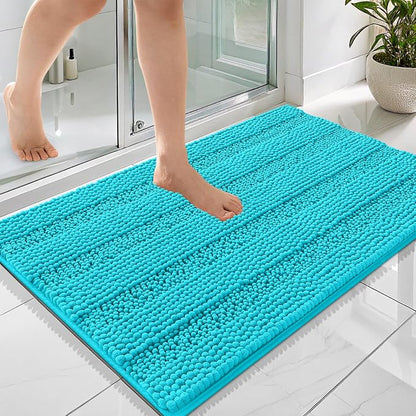 OLANLY Thick Bathroom Rugs 36x24, Soft Chenille Striped Bath Rugs, Aqua Sky | Rubber Backing, Machine Wash, Extra Absorbent Bath Mats for Bathroom Floor, Tub and Shower, Home Decor Accessories