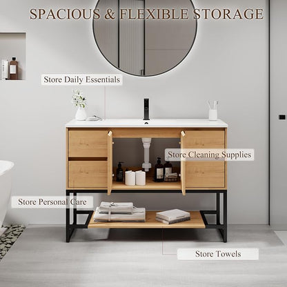 LUCKWIND 48" Modern Bathroom Vanity with Single White Sink Combo, Freestanding Storage Cabinet with Metal Frame, Matte Black Faucet and Open Shelf and 2 Soft-Closing Door, Natural