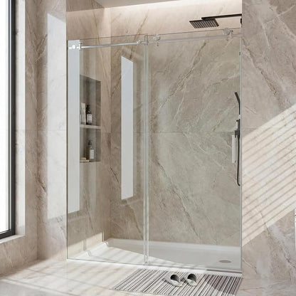 56-60" W x 76" H Frameless Sliding Shower Door，5/16" Thick Tempered Clear Glass with Explosion-Proof Film,Easy-to-Clean Coating,Handle and Seal Strip, Silver