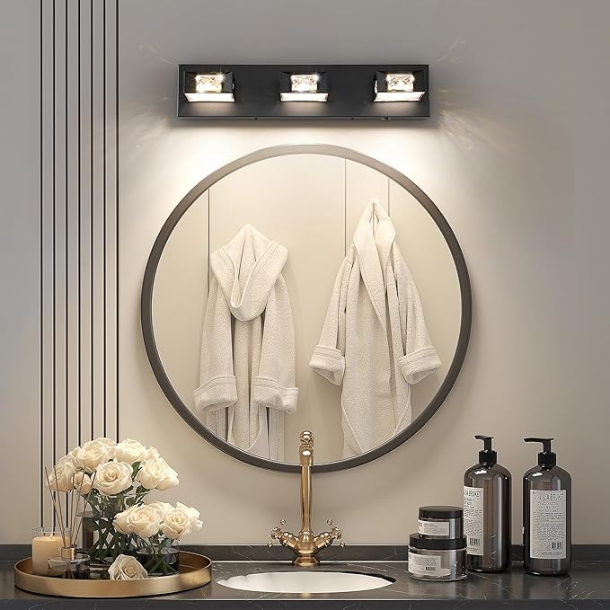 Joossnwell Modern Crystal Vanity Light 3-Light, 5CCT Selectable LED Bathroom Light Fixtures Over Mirror, Dimmable Matte Black Bath Wall Sconce with 350° Rotatable Head, Acrylic Diffuser, 20.5 Inch