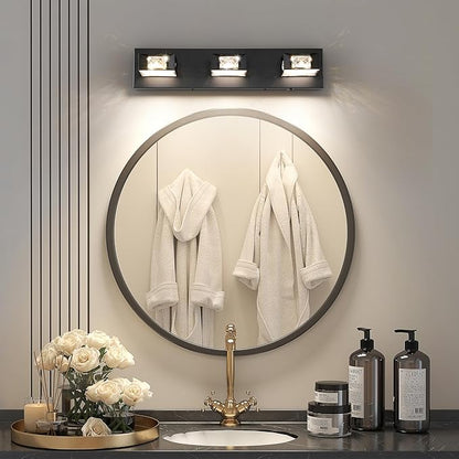 Joossnwell Modern Crystal Vanity Light 3-Light, 5CCT Selectable LED Bathroom Light Fixtures Over Mirror, Dimmable Matte Black Bath Wall Sconce with 350° Rotatable Head, Acrylic Diffuser, 20.5 Inch
