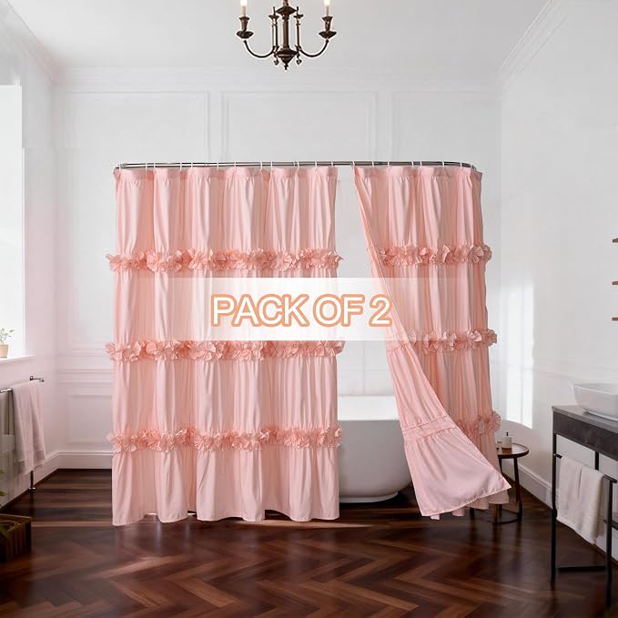 Homechoice Decor 2-Piece Peach Shower Curtain, 72" W x 72" H x 2 Panels | Soft Fabric Double Panels for Easy Access, Cozy Brushed Texture, Ruffle Design, Everyday Bathroom Décor (LQ-44)
